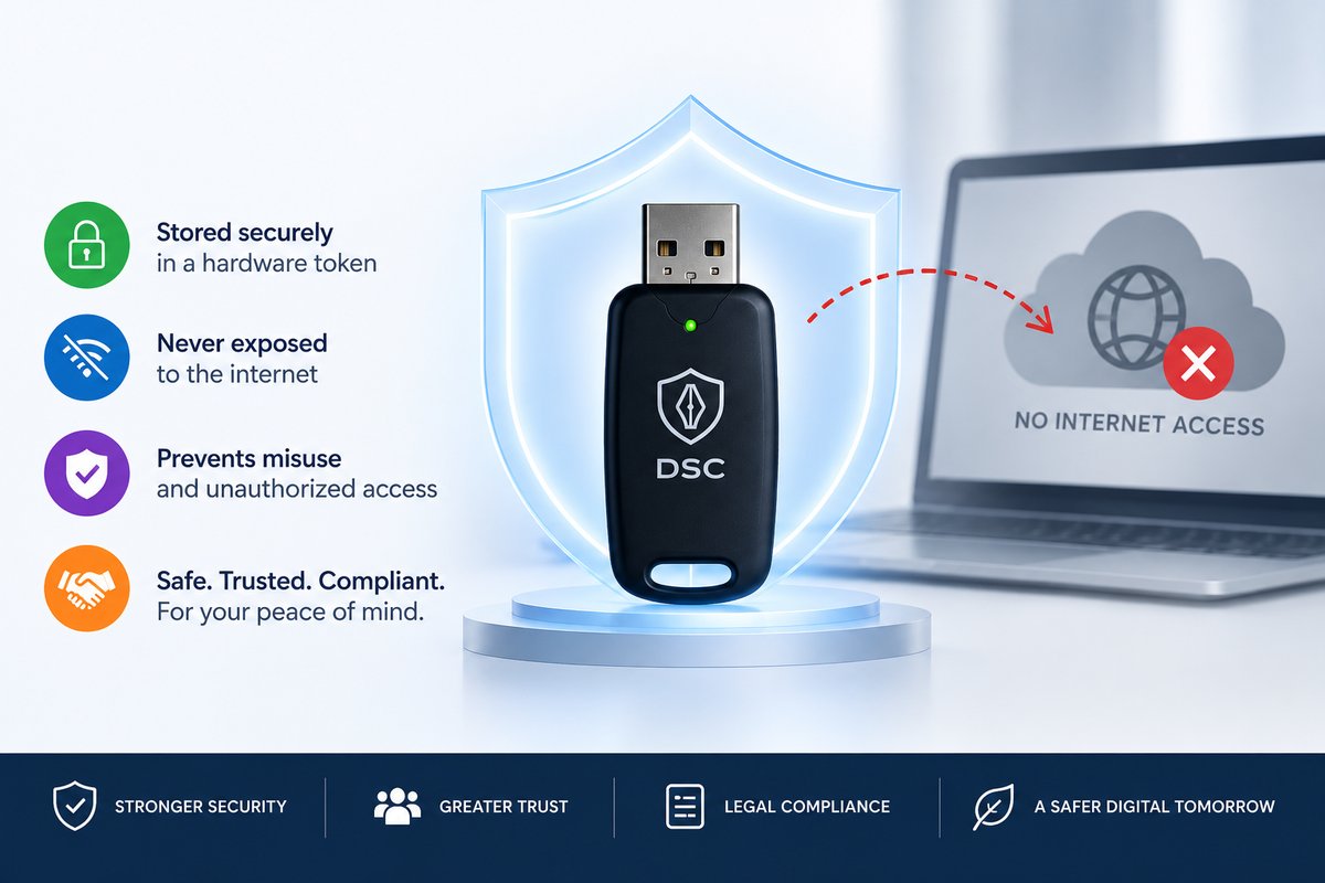 A USB DSC token inside a glowing shield next to a laptop showing 'No Internet Access', illustrating that the signing key stays offline