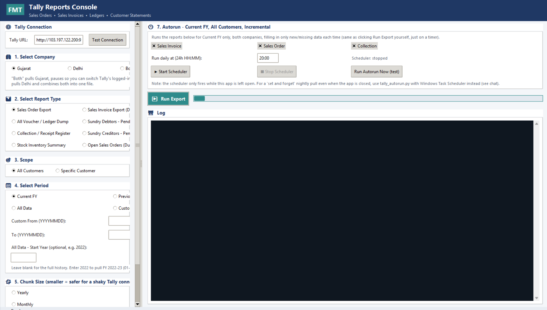 Flowsigna Tally Reports Console showing export, autorun and scheduling controls